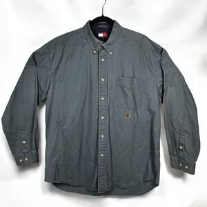 VTG Tommy Hilfiger Button Down Shirt Men Large Gray‎ Embroidered Logo Work Shirt